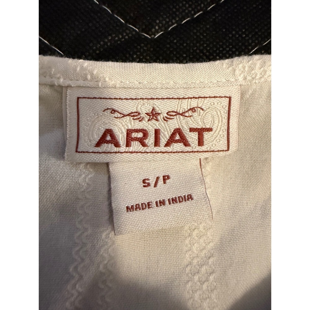 Ariat Embroidered Peasant Blouse Womens Small White Floral Tassel Bell Sleeve - Picture 6 of 10